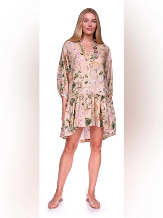 Cara Cara Beige Floral Button-Front Tunic with Green khaki Botanical Print XL - Picture 6 of 7